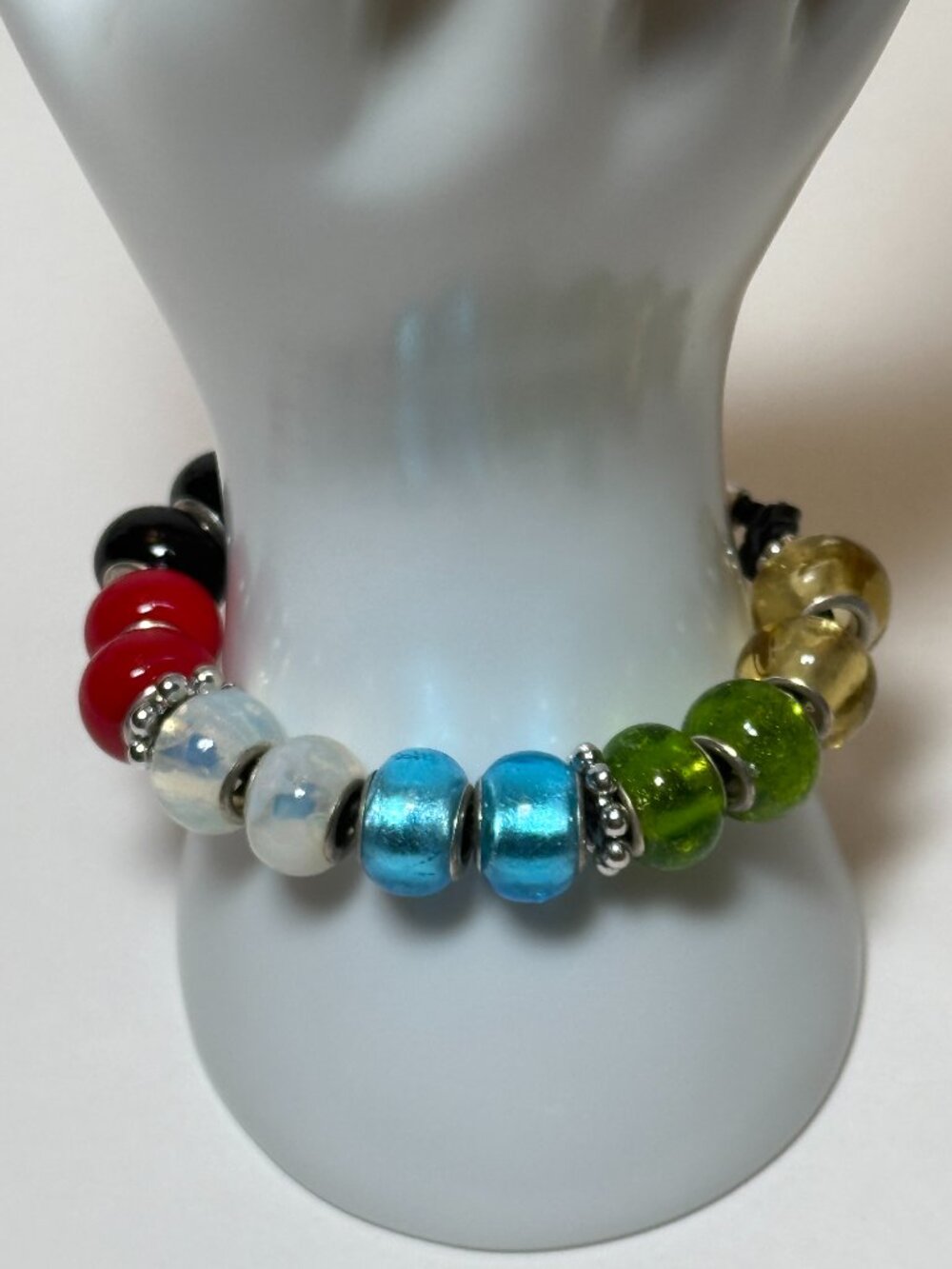 Multi Colored Beaded Bracelet Black Leather Adjustable Length Toggle Clasp
